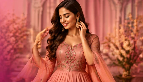 Woman in a peach embroidered gown
