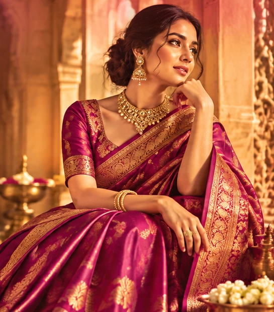 Woman in a magenta Banarasi silk saree with gold jewellery